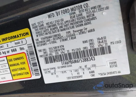 2015 Ford Mustang V6 z USA, uszkodzony, nr VIN 1FA6P8AM6F5388343